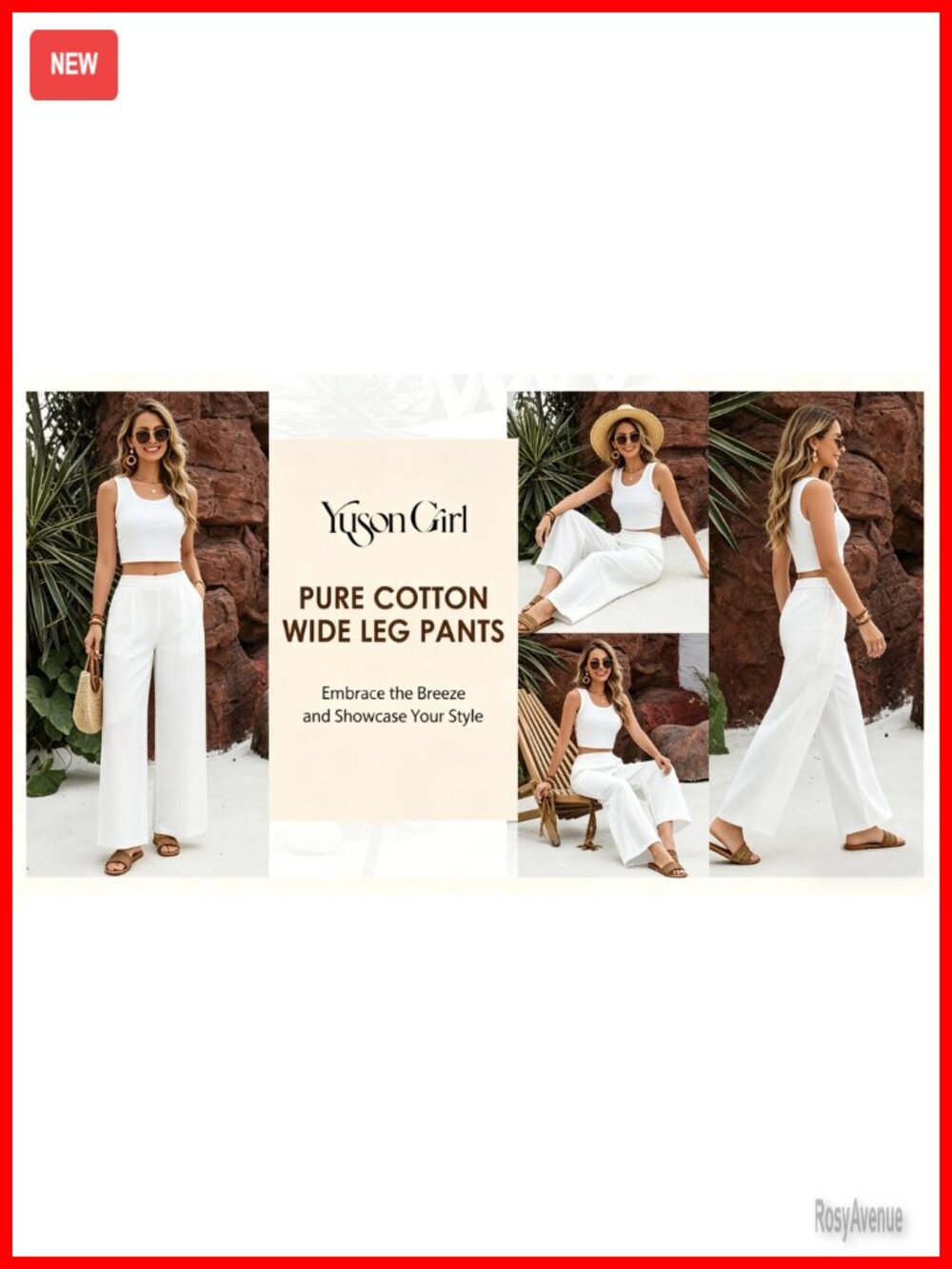 100% Cotton Wide Leg Palazzo Pants Elastic Waist Comfy Trousers - Picture 6 of 6